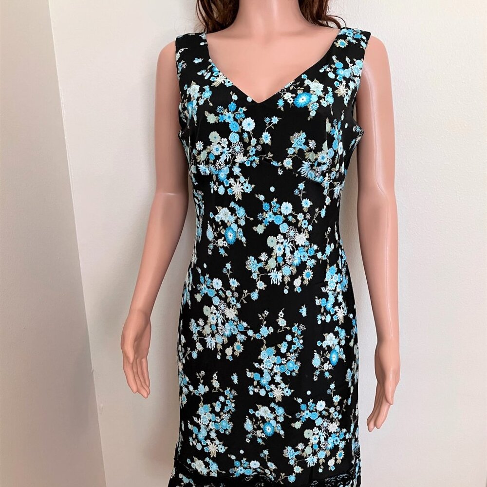 Pretty Black, Blue Floral Print Sleeveless Dress-Size 11/12-Figure Flattering